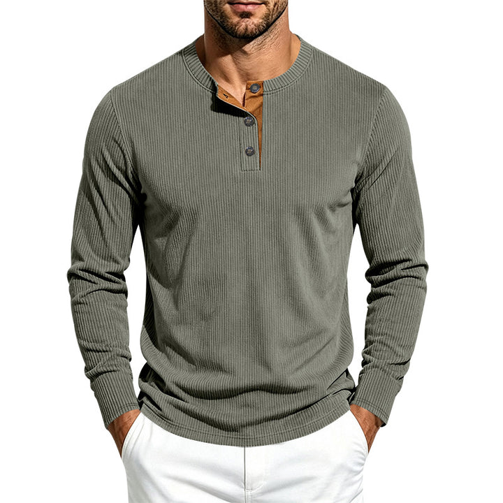 Men's Ribbed Long Sleeve Henley with Stand-Up Collar, Contrast Button Placket and Ribbed Cuffs Mune Fashion