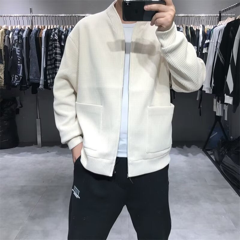 Men's Ribbed Zip Cardigan with Standing Collar and Patch Pockets Mune Fashion