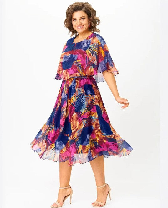 Women's Chiffon Midi Dress with Cape Sleeves and Elastic Waistband Mune Fashion