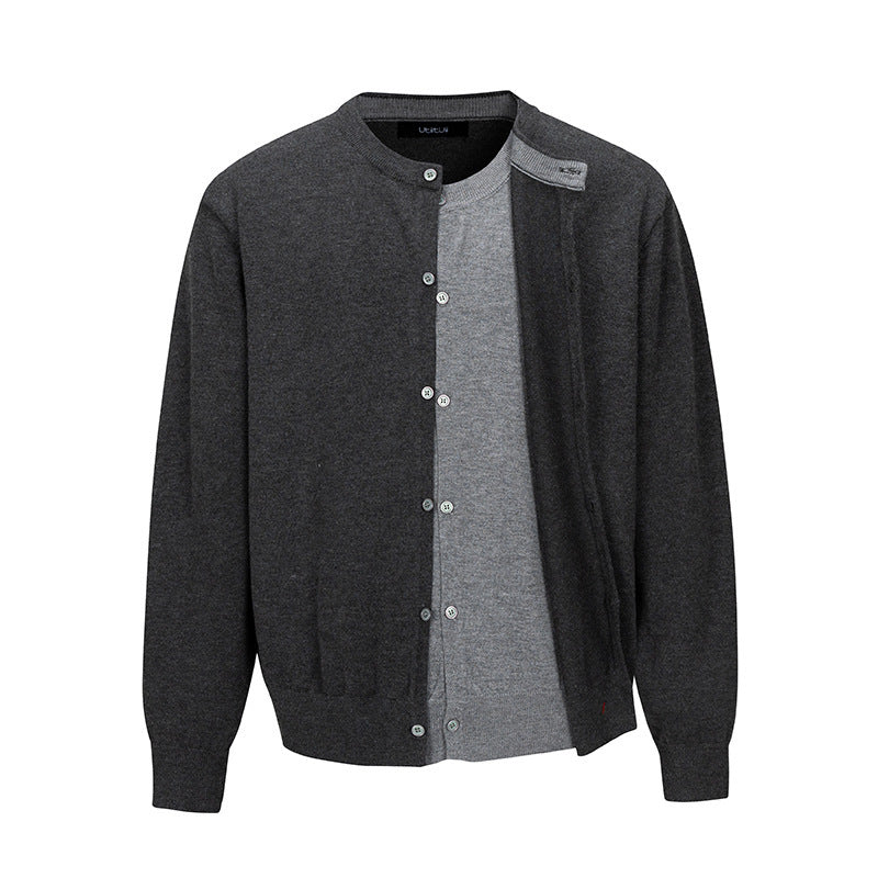 Men's fine knit cardigan with two-layer look, round neck and continuous button placket Mune Fashion