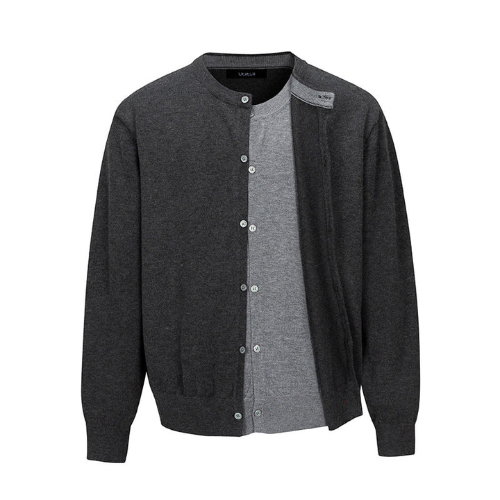 Men's fine knit cardigan with two-layer look, round neck and continuous button placket Mune Fashion