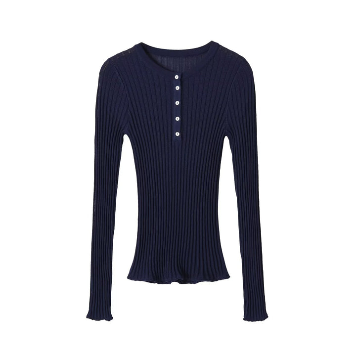 Women's Striped Knit Sweater with Henley Button Placket and Oversized Silhouette Mune Fashion
