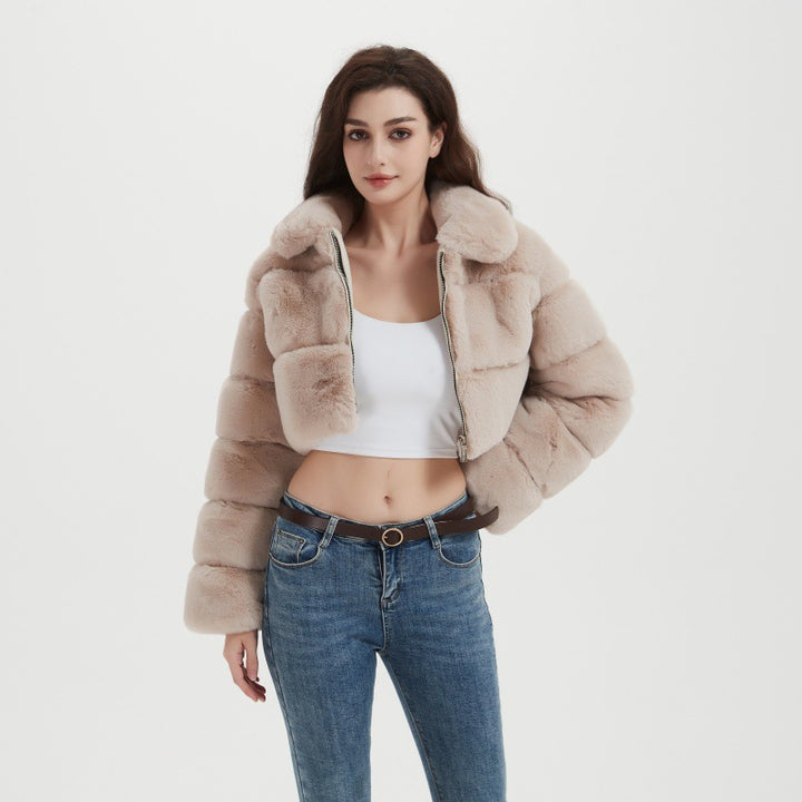 Women Cropped Faux Fur Jacket with Horizontal Volume Panels, Stand-Up Lapel Collar and Zipper Mune Fashion