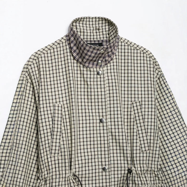 Women Checked Oversize Parka with Drawstring, Stand-Up Collar and Flap Pockets Mune Fashion