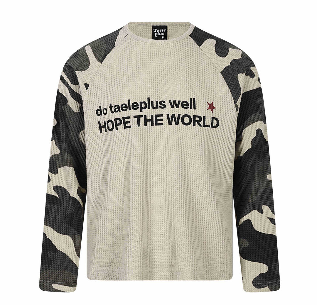 Unisex Waffle Knit Long Sleeve Shirt with Raglan Sleeves and Camouflage Details Mune Fashion