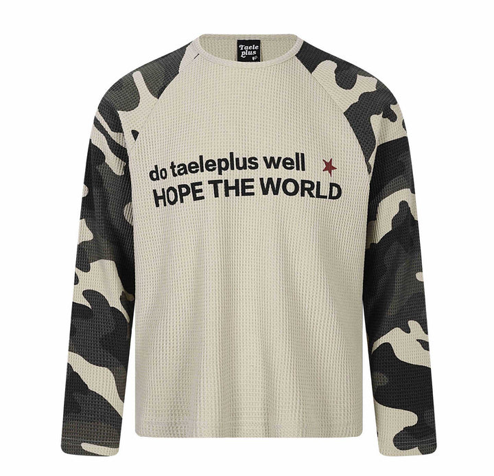Unisex Waffle Knit Long Sleeve Shirt with Raglan Sleeves and Camouflage Details Mune Fashion