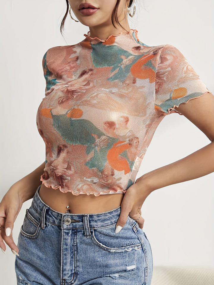 Women nan figure-hugging transparent mesh top with baroque angel print, stand collar and ruffled hem Mune Fashion