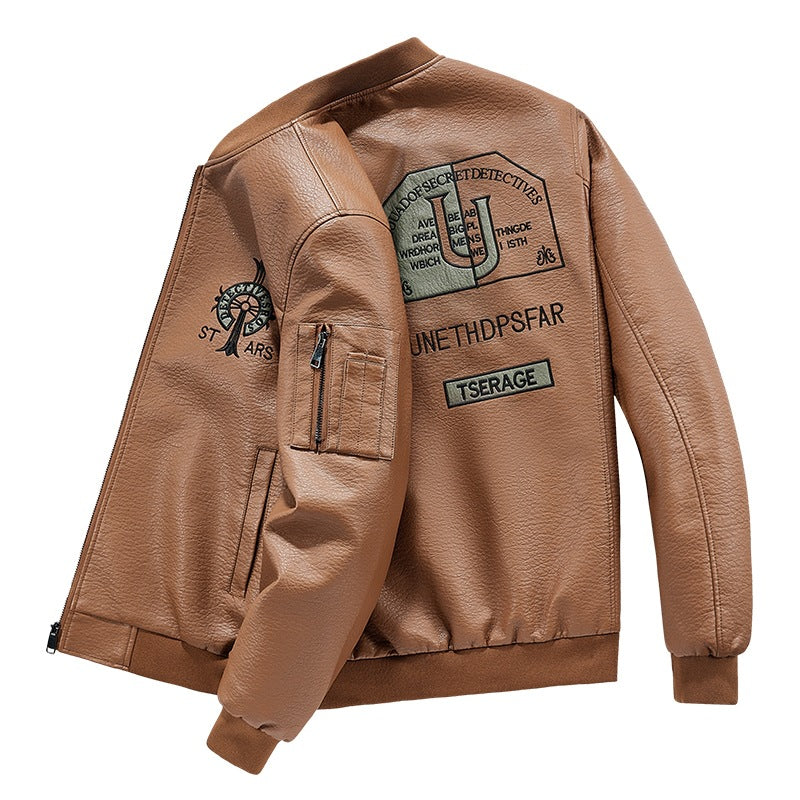 Men's Fashion Faux Leather Bomber Jacket with Pockets Mune Fashion