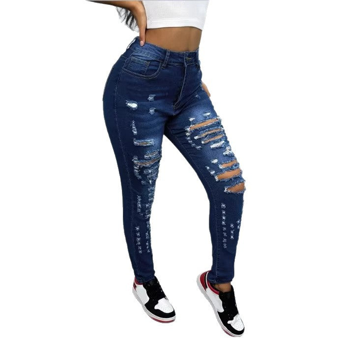 Women High-Waisted Ripped Skinny Jeans with Waist-Shaping Comfort Band Mune Fashion