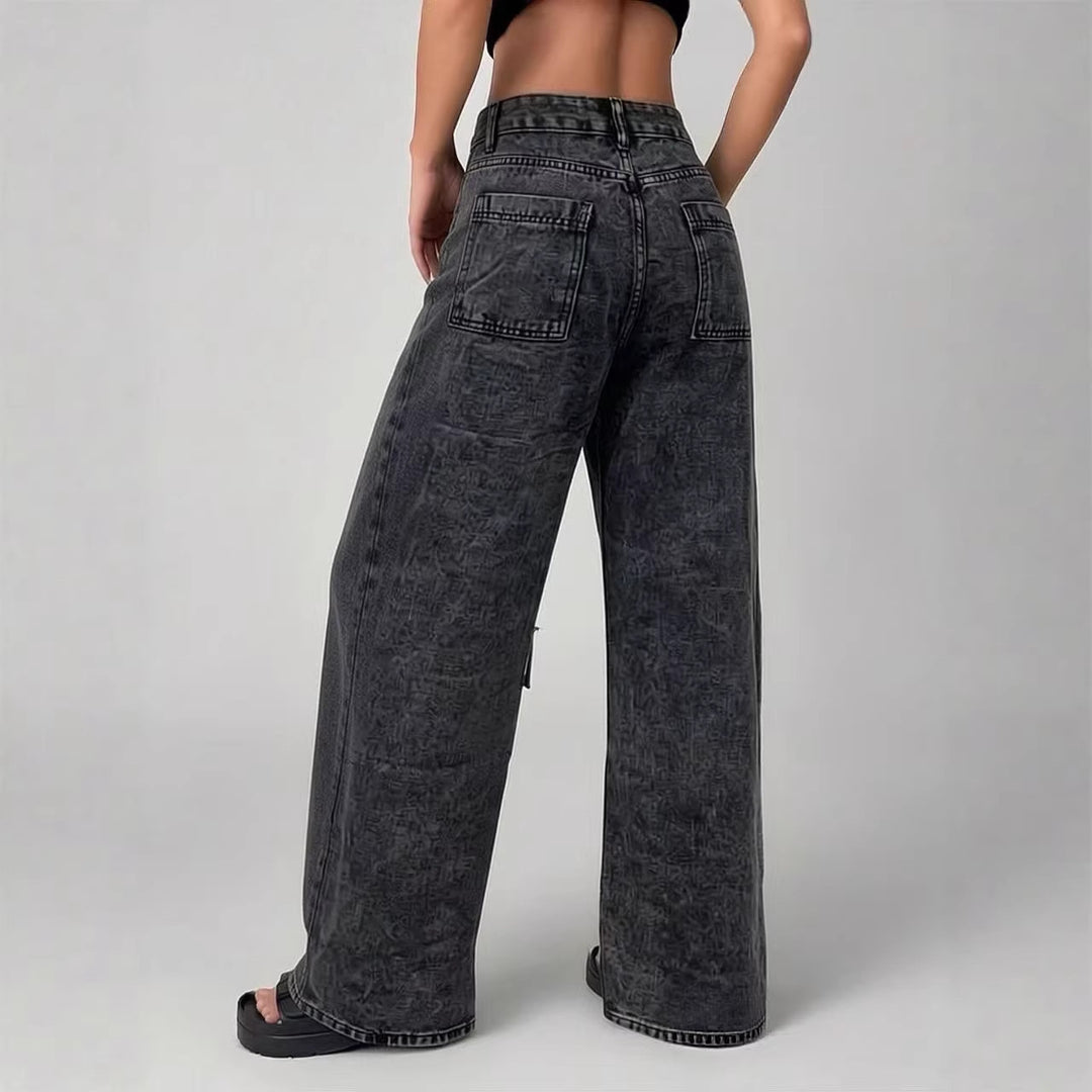 Women nan High-Waist Utility Denim Pants with applied knee patches, cargo pockets and wide flares Mune Fashion