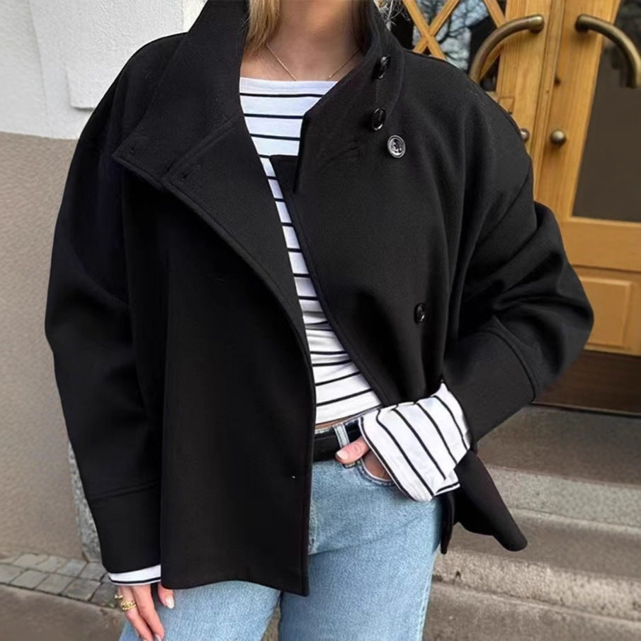 Women's short cut boxy jacket with stand-up collar and asymmetrical button placket Mune Fashion
