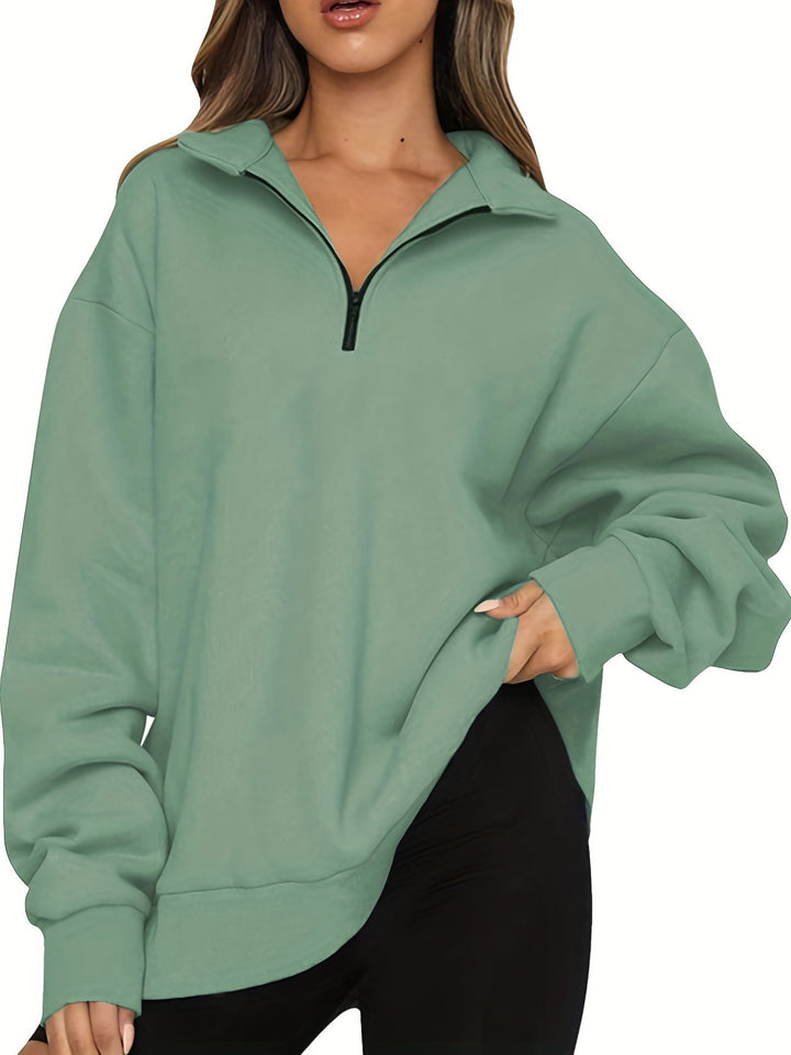 Women nan Oversized Sweatshirt with Short Zip, Stand-up Collar and Kangaroo Pocket Mune Fashion