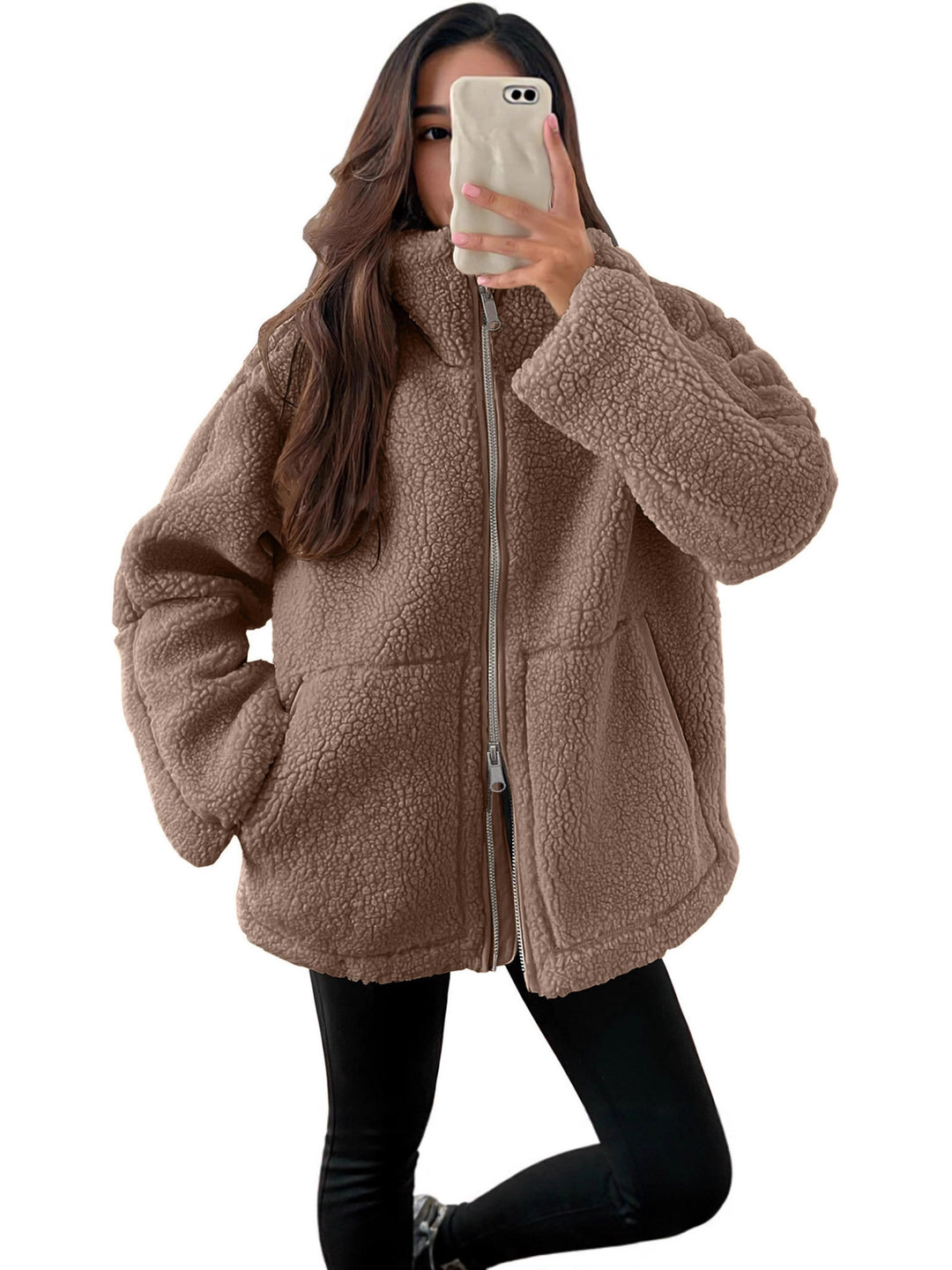 Women's oversized teddy fleece jacket with stand-up collar and full-length zipper Mune Fashion