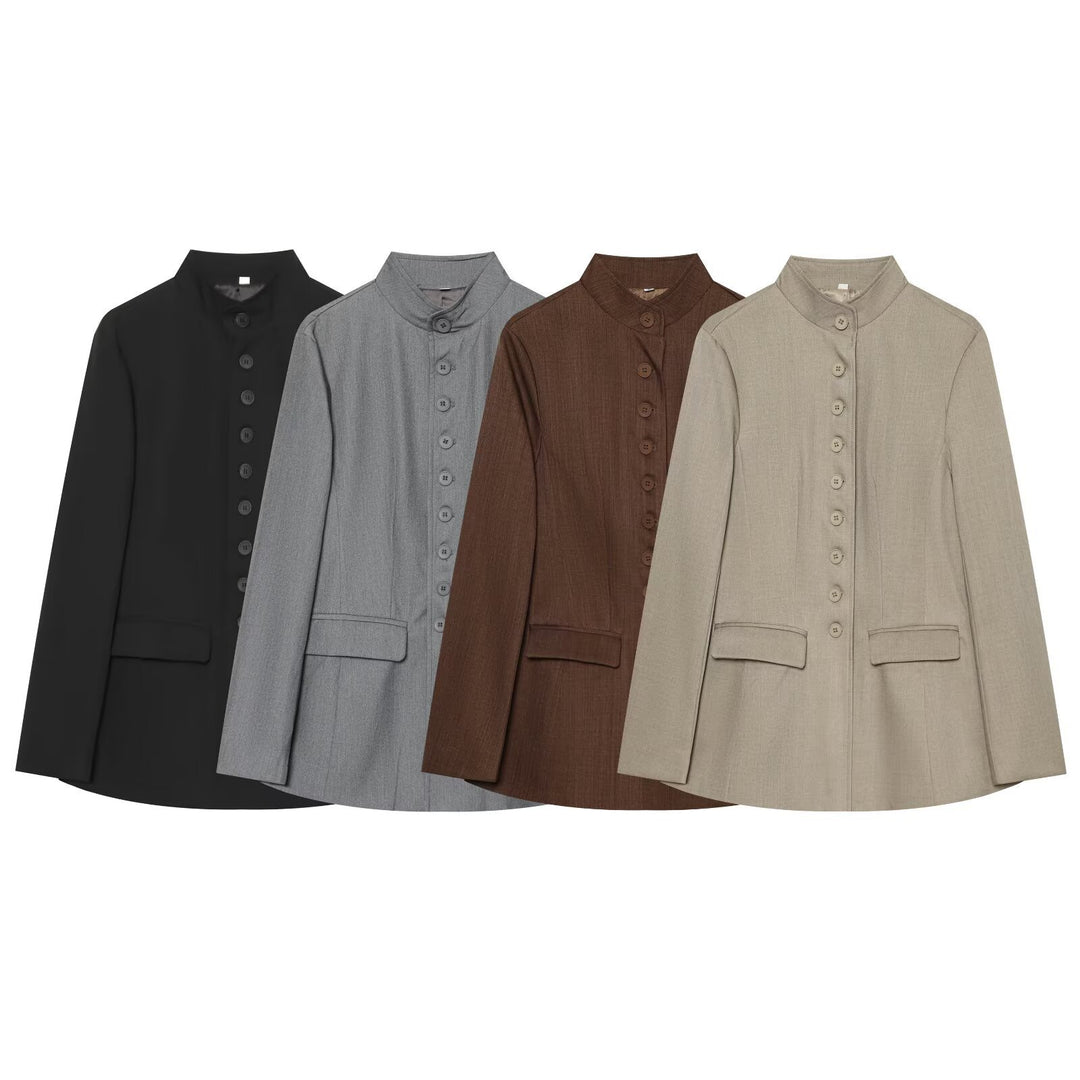 Women Long Blazer with Stand Collar and Continuous Button Placket Mune Fashion