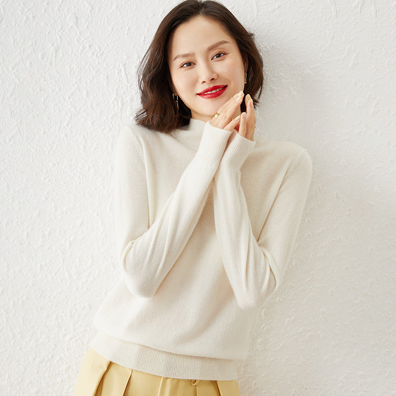 Women Luxurious Cashmere Fine Knit Sweater with Standing Collar Mune Fashion