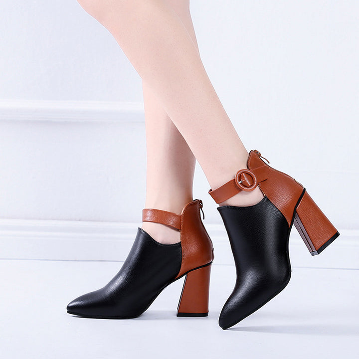 Women's elegant lace short ankle boots with heel zipper, decorative ankle strap and sculptural block heel Mune Fashion