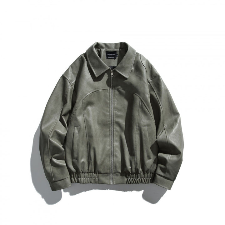 Men's short boxy leather look blouson jacket with shirt collar, front zipper and elastic hem Mune Fashion