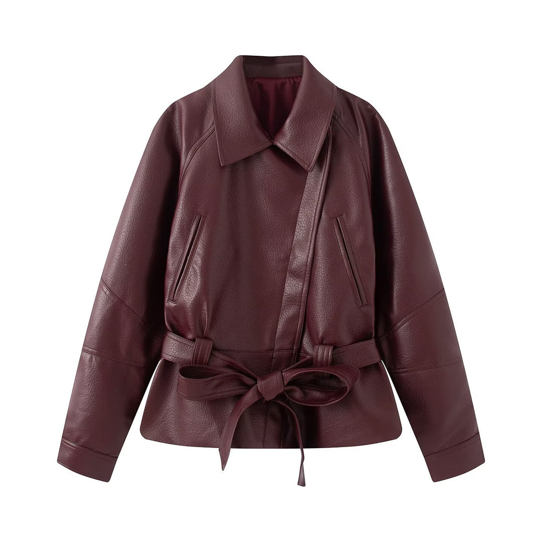 Women's tailored leather jacket with tie belt and dropped shoulder Mune Fashion