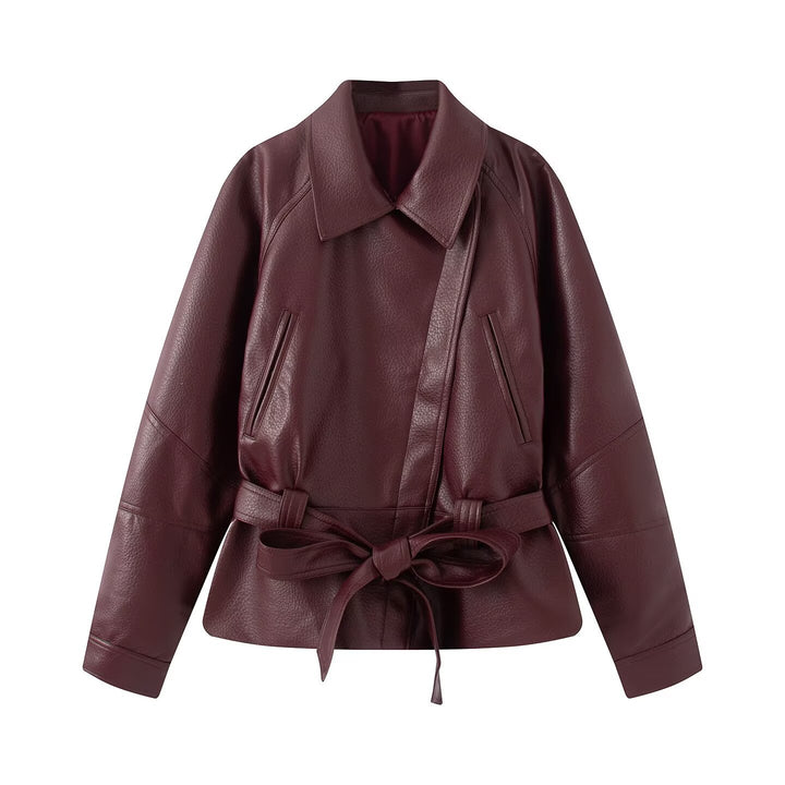 Women's tailored leather jacket with tie belt and dropped shoulder Mune Fashion