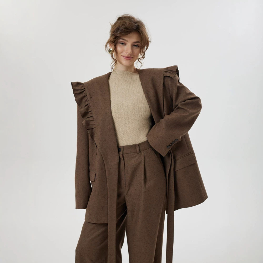 Women Two-Piece Oversized Blazer and Pants Set with Ruffled Shoulder and High Pleat Mune Fashion