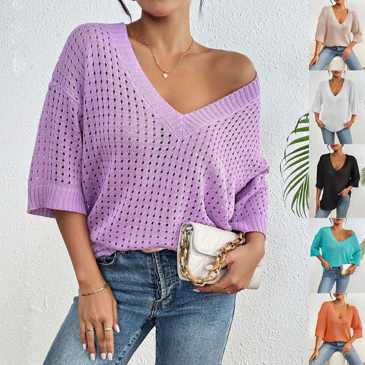 Ladies lightweight knit sweater with V-neck and decorative hole pattern Mune Fashion