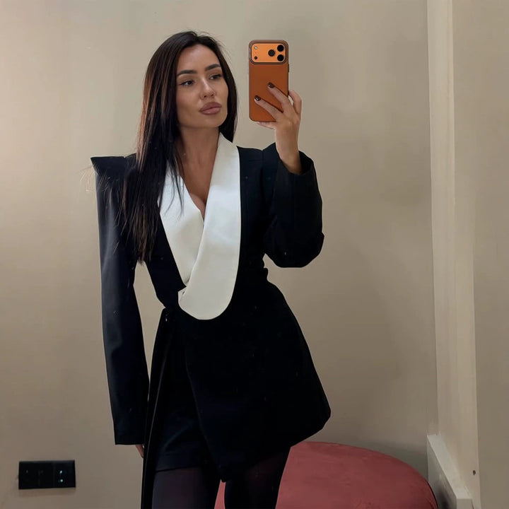 Women Tailored Blazer Dress with Contrasting Shawl Collar and Structured Shoulders Mune Fashion