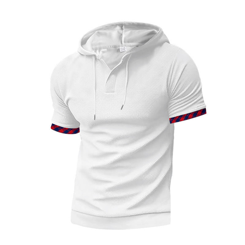 Men's slim fit short sleeve hooded shirt in polo style with Henley neckline and checkered sleeve cuff Mune Fashion
