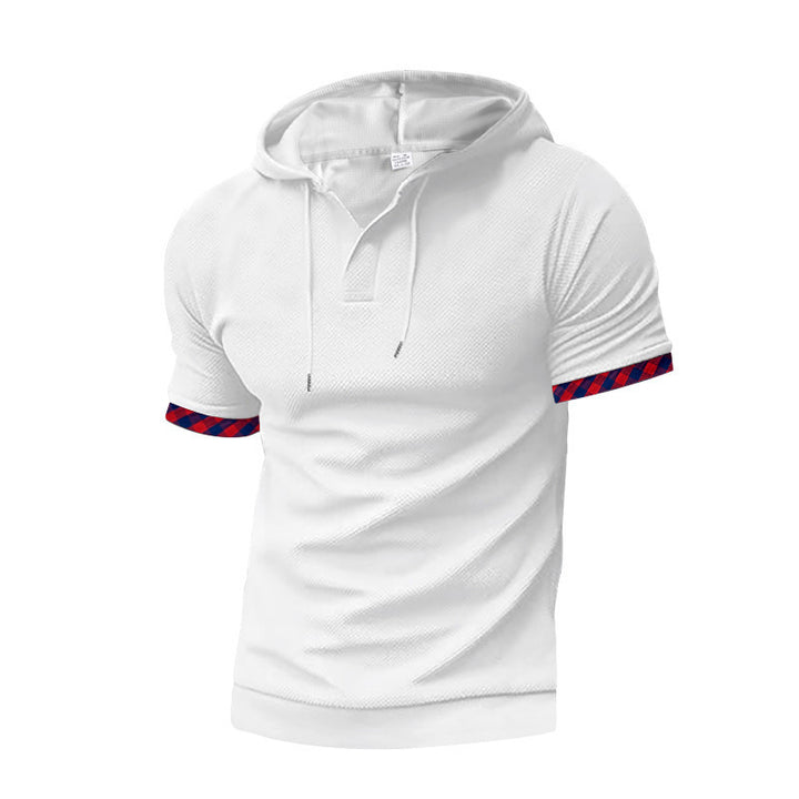 Men's slim fit short sleeve hooded shirt in polo style with Henley neckline and checkered sleeve cuff Mune Fashion