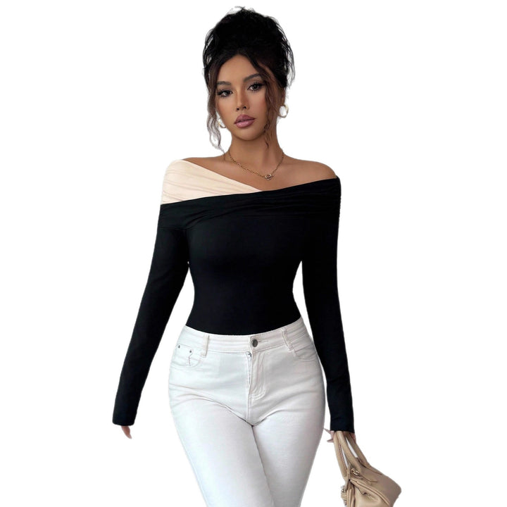 Women’s asymmetrical Carmen top with shoulder gathering and body-hugging jersey fit Mune Fashion