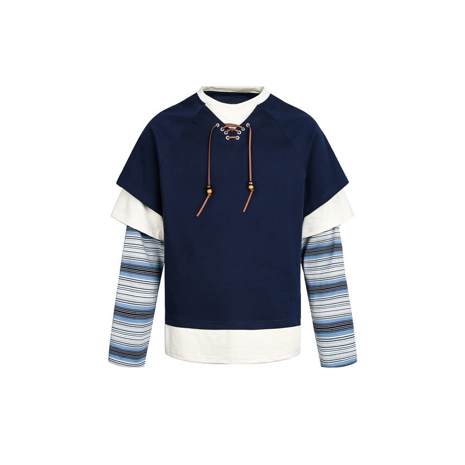 Women's Layered Look Sweatshirt with Lacing, Striped Sleeve Inserts and Asymmetrical Hem Mune Fashion