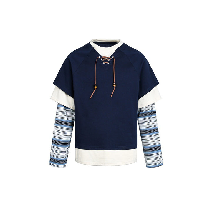 Women's Layered Look Sweatshirt with Lacing, Striped Sleeve Inserts and Asymmetrical Hem Mune Fashion