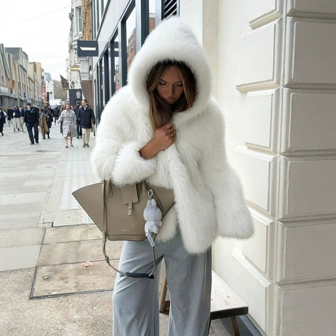 Women's Cropped Faux Fur Jacket with Hood, Dense Long Pile and Boxy Silhouette Mune Fashion