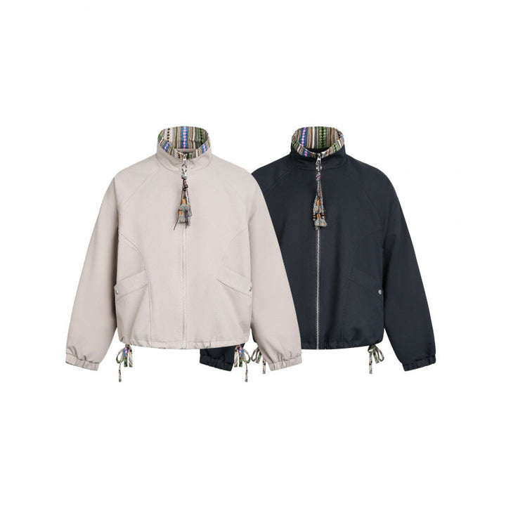 Women Short Tail Bomber Jacket with Stand-Up Collar and Patterned Lining Mune Fashion