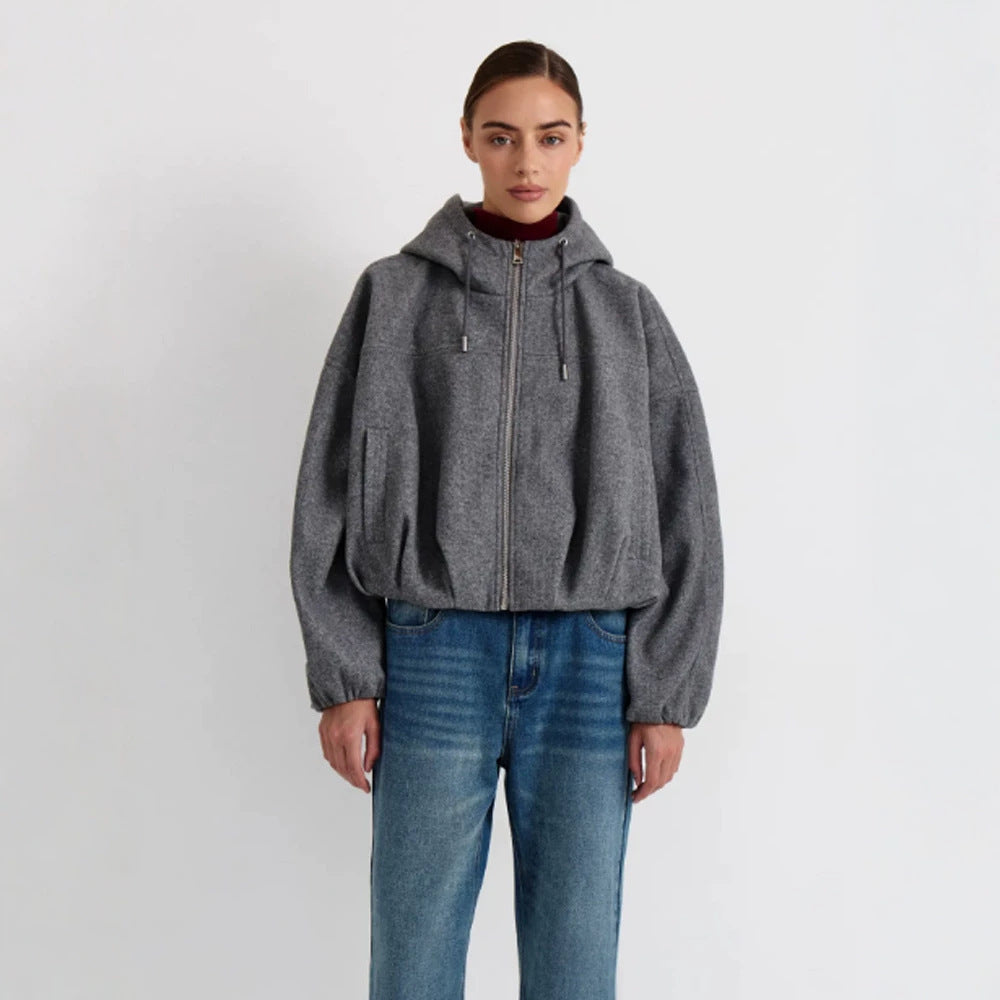 Women’s short jacket made of wool blend with hood, boxy silhouette & gathered hem Mune Fashion
