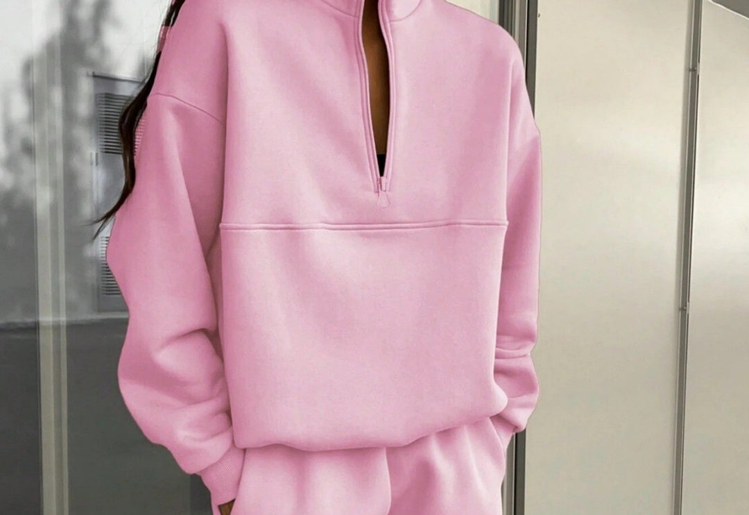Women's casual stand-up collar half-zip in boxy cut with decorative breast seam Mune Fashion