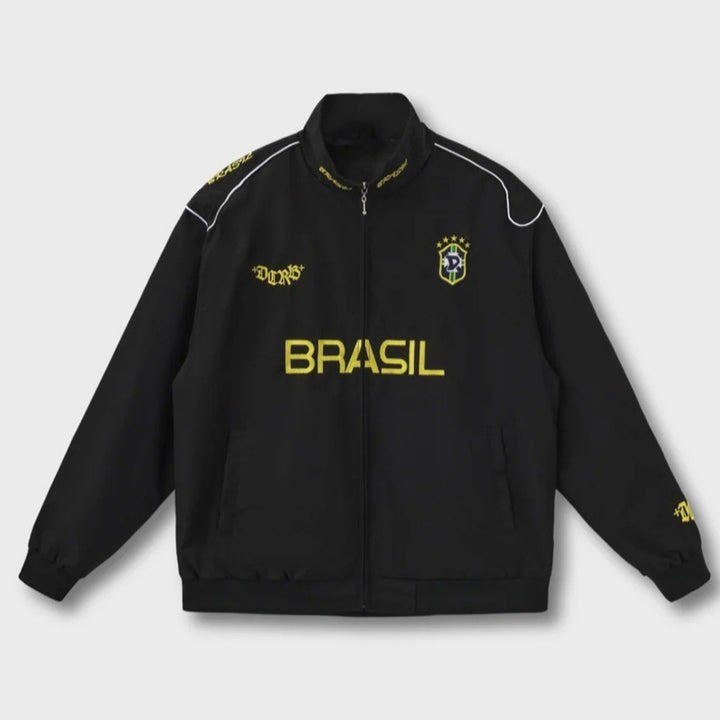 Unisex nan sporty retro training jacket with stand collar zipper chest emblem and Brazil lettering Mune Fashion