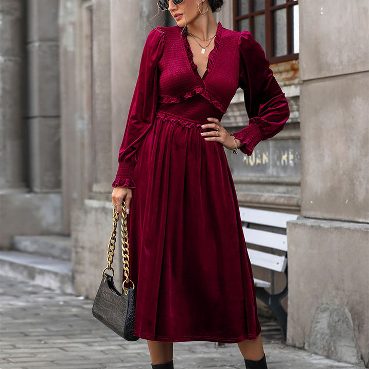 Women's Velvet Midi Dress with Gathered Smock Top, V-neck and Ruffles