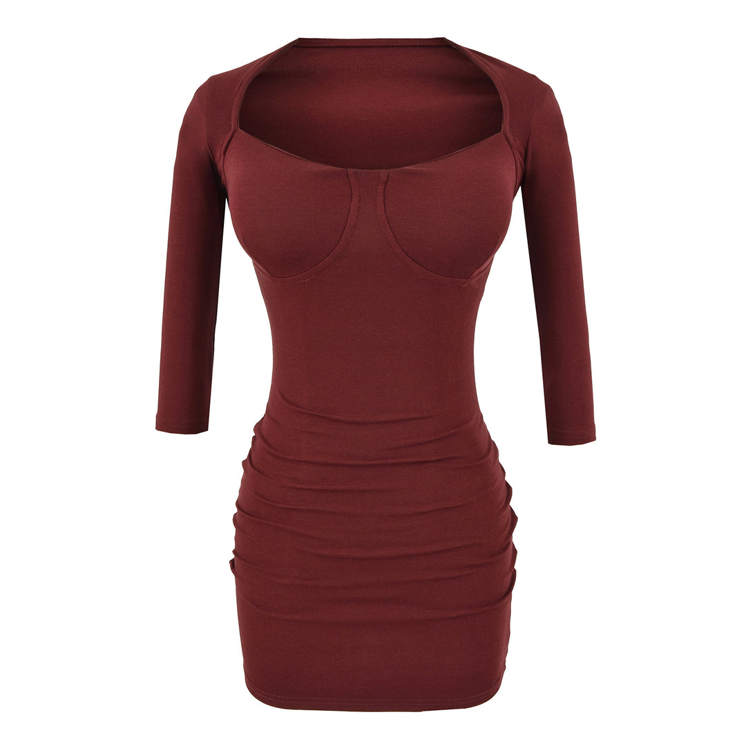 Ladies fitted midi dress with sewn-in cups, wide square neckline and gathering around