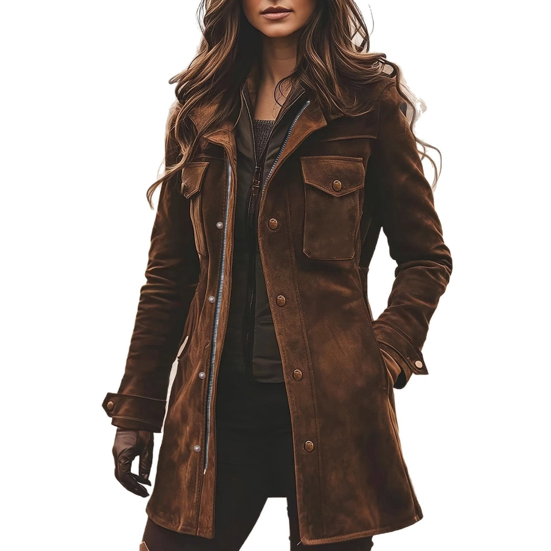 Women's long jacket made of suede leather with utility pockets and concealed zipper Mune Fashion