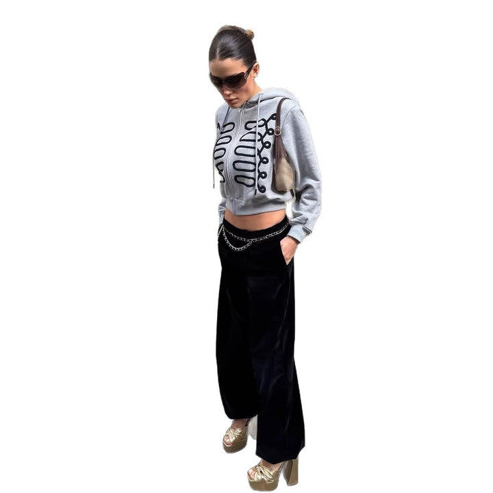 Women's Cropped Hooded Jacket with Zipper and Decorative Lacing Embroidery Mune Fashion