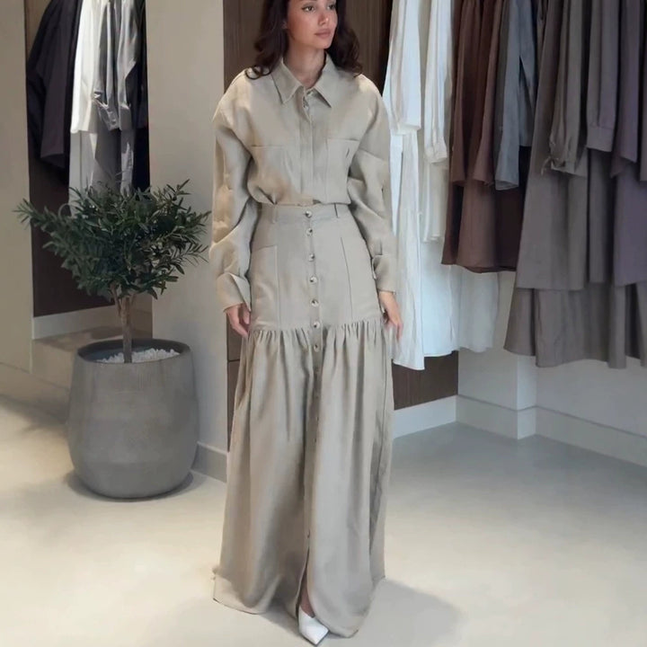 Women Two-Piece Oversized Shirt and Maxi Skirt Set with High Waist & Continuous Button Placket Mune Fashion