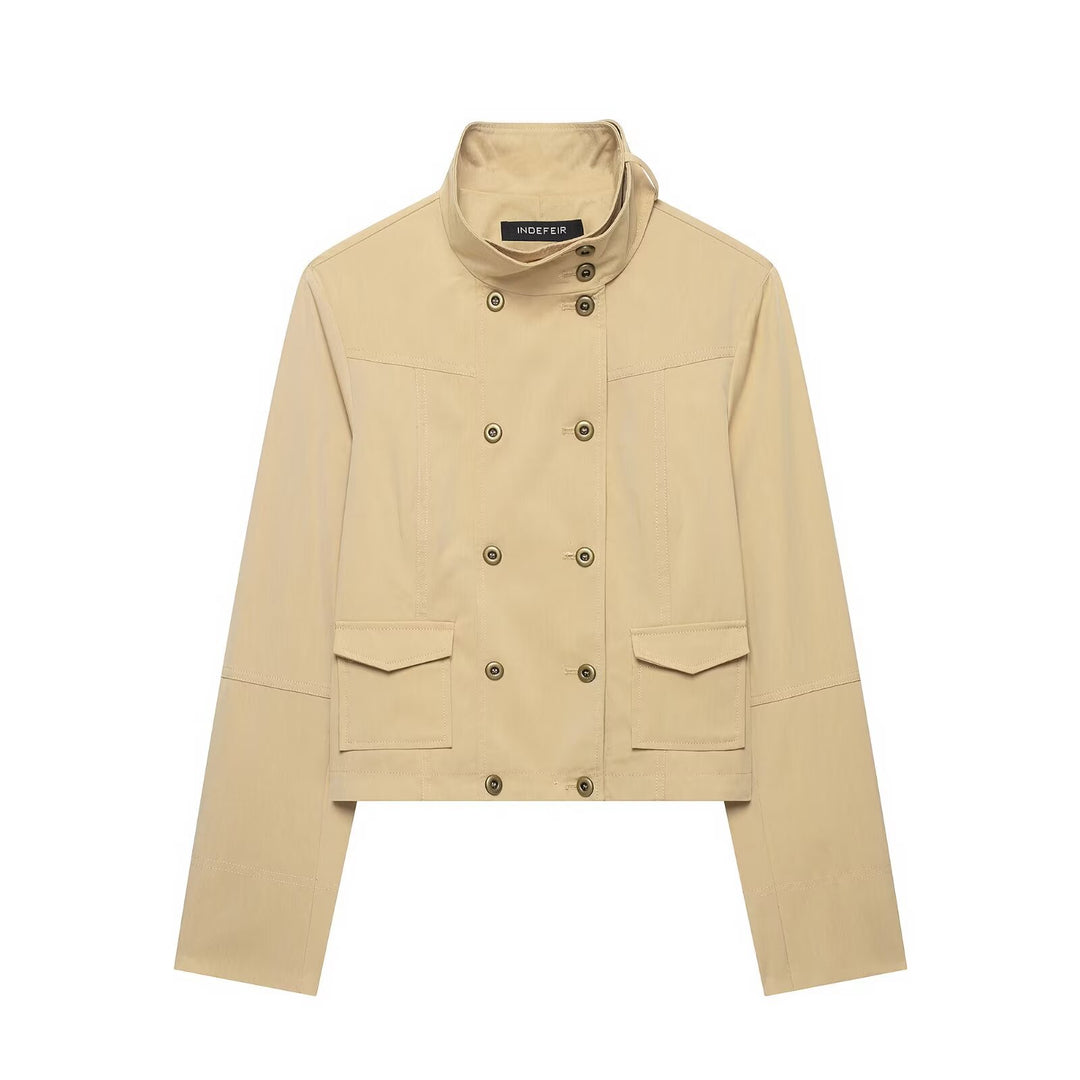 Women's Short Double-Breasted Utility Blouson with High Standing Collar and Flap Pockets
