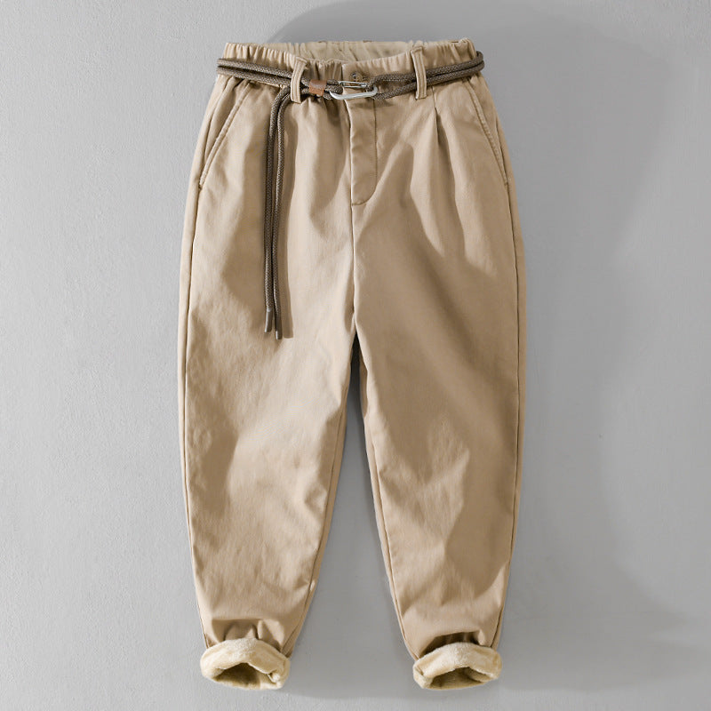 Women's Lined Cotton Chino Pants with Elastic Waistband, Carrot Cut and Decorative Belt Mune Fashion