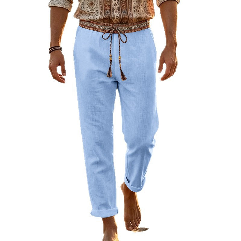 Men's nautical linen lounge pants with decorative ethnic waistband, elastic drawstring, and straight leg Mune Fashion
