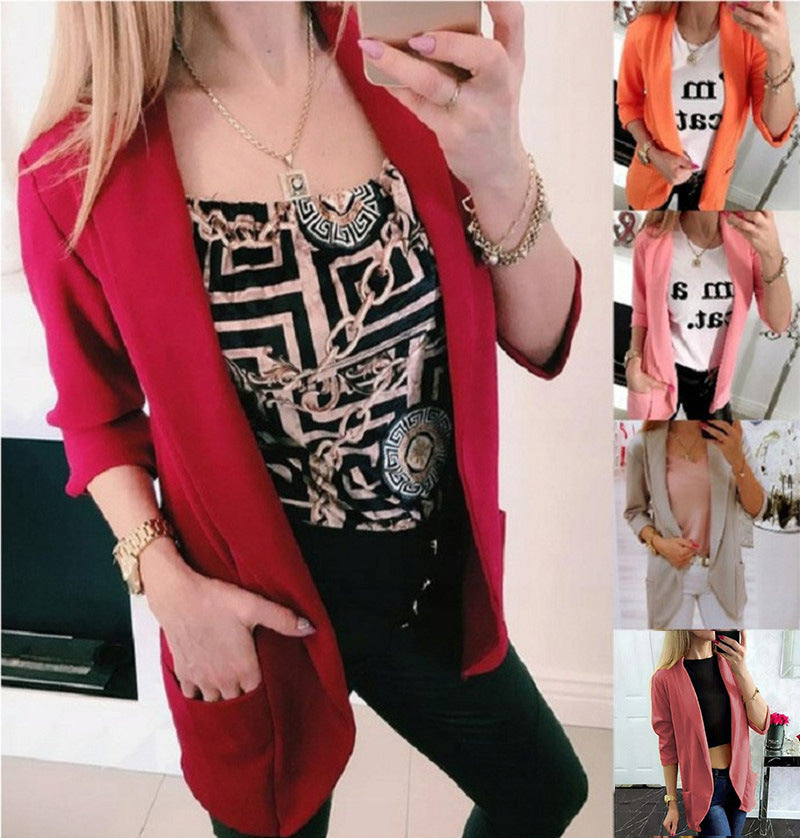 Women Lightweight Open Cardigan-Blazer, three-quarter sleeves with side pockets Mune Fashion