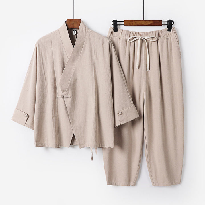 Men's Breathable Linen-Cotton Lounge Set with Asymmetrical V-Neck and Elastic Cord Pants Mune Fashion
