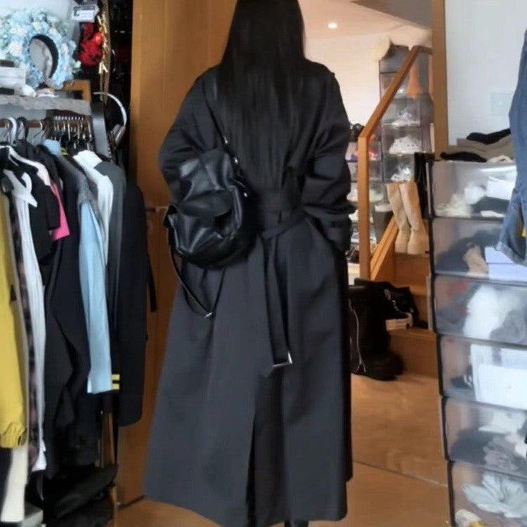 Women Long Double-Breasted Trench Coat with Shawl Collar, Oversized Cut and Concealed Waistband Mune Fashion