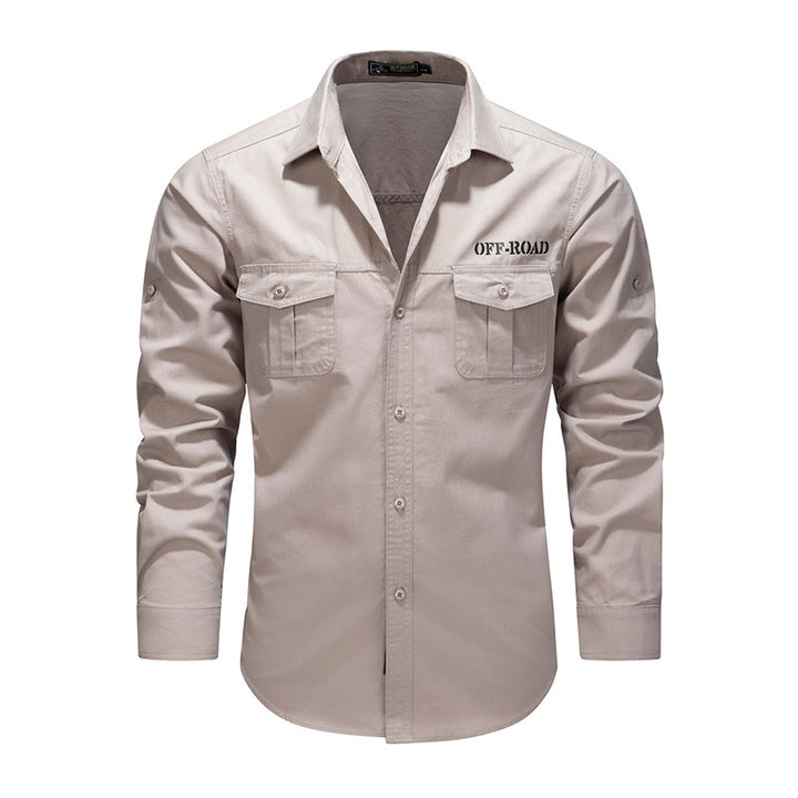 Men's Long Sleeve Utility Shirt made of Cotton Blend with Double Chest Pockets and Roll-Up Sleeves Mune Fashion
