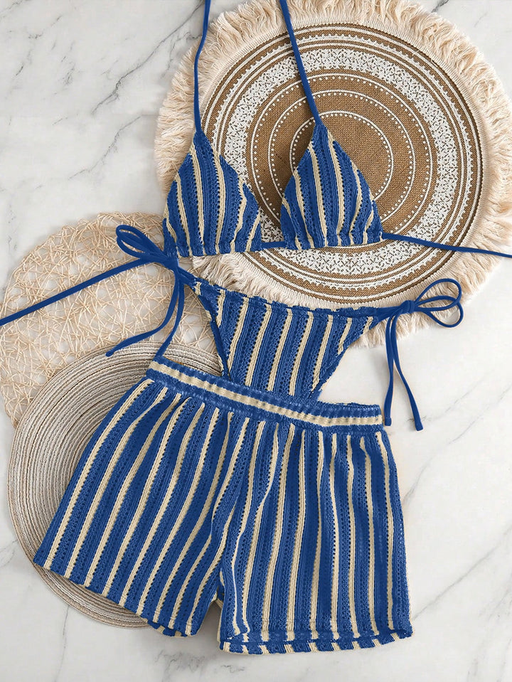 Women's bikini set with striped design and casual shorts Mune Fashion
