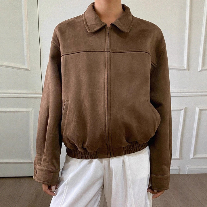 Women Oversized Suede Look Bomber Jacket with Zip and Elastic Hem Drune